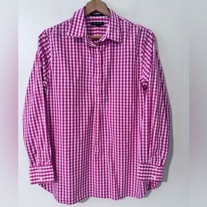 Lands End Women 12 No Iron Supima Gingham Check Popover Top Pink & White spring